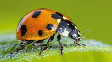 Close-up of a vibrant ladybug perched on a green leaf in a natural setting photo