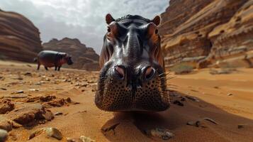 Close-up of a hippopotamus in a desert landscape with another hippo in the background photo