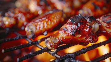 Grilled chicken wings coated in barbecue sauce, sizzling over an open flame. photo