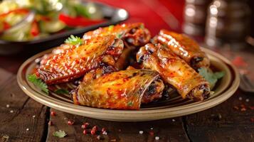 A plate of glazed chicken wings garnished with herbs, served with a side salad. photo