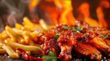 A plate of spicy chicken wings with fries, set against a fiery background. photo