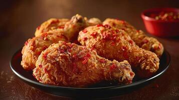 A plate of crispy fried chicken drumsticks garnished with red seasoning. photo