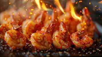 Grilled shrimp with a spicy glaze and flames, showcasing a delicious food presentation. photo