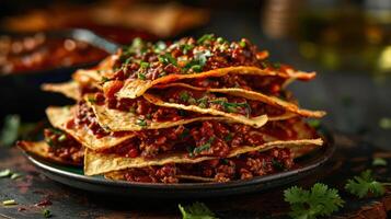 A delicious stack of nachos topped with meat and herbs, perfect for sharing or snacking. photo