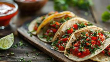 A plate of tacos topped with fresh salsa and herbs, served with lime and salsa on the side. photo