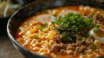 A close-up of a flavorful bowl of ramen topped with green onions, meat, and egg. photo