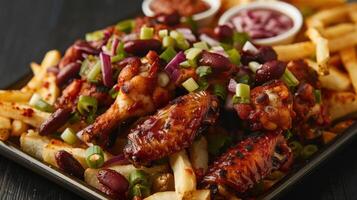 A platter of chicken wings topped with beans, onions, and served with fries and dipping sauces. photo