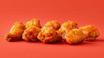 A vibrant display of spicy chicken wings arranged on a bright background. photo