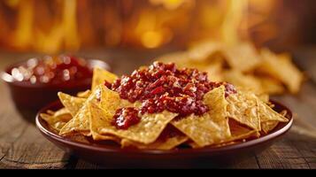 A plate of nachos topped with salsa, served with a side of salsa in a rustic setting. photo