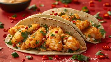 Two tacos filled with seasoned fish, garnished with cilantro and peppers on a vibrant background. photo