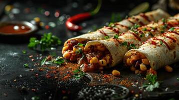 A close-up of delicious burritos garnished with spices and herbs on a dark surface. photo