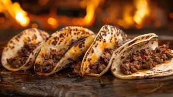 Grilled beef tacos served on toasted tortillas with a warm, rustic background. photo