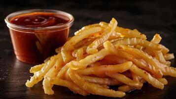 A serving of crispy fried strips with a side of dipping sauce. photo