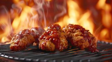 Grilled chicken wings coated in sauce, sizzling over a fire. photo