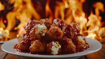 A plate of crispy, sauced chicken bites garnished with popcorn, set against a fiery backdrop. photo