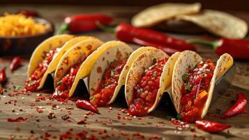 A vibrant display of tacos topped with salsa, garnished with chili peppers, on a wooden table. photo