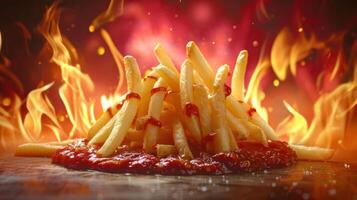 A visually striking image of fries topped with sauce, surrounded by flames. photo