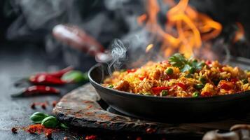 A steaming plate of flavorful rice with vegetables and spices, showcasing culinary art. photo