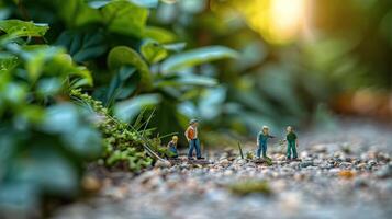 Miniature figures interacting in a lush green environment, showcasing a playful scene. photo