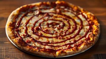 A large pizza with a spiral pattern of sauce and toppings on a wooden table. photo