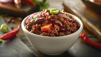 A hearty bowl of chili with beans, meat, and vegetables, perfect for a comforting meal. photo