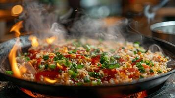 A sizzling pan of fried rice with vegetables and sauce, creating a flavorful dish. photo