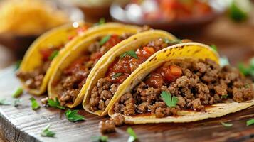 Delicious tacos filled with seasoned meat, topped with salsa and garnished with herbs. photo