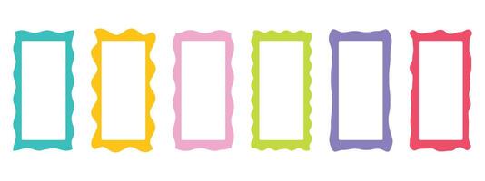 Rectangular colored retro frames with squiggly, zigzag wavy edges. cute borders for photos, labels, stamps isolated on white background. vector