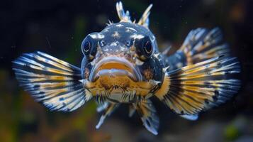 Close-up of a vibrant fish displaying intricate patterns and colors in a serene underwater scene photo