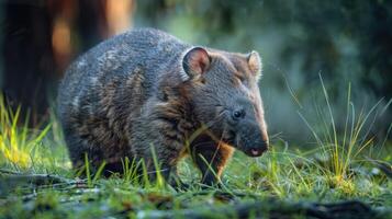 Close-up of a wombat foraging in a lush green forest with soft sunlight filtering through trees photo