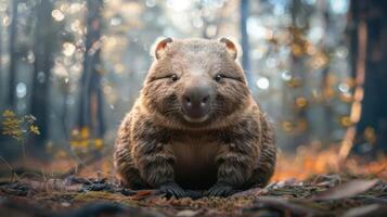 A cute wombat sitting in a forest with soft sunlight filtering through trees, surrounded by autumn leaves photo
