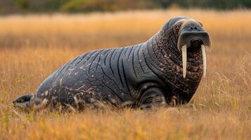 A walrus resting on golden grass fields under a clear sky, with distant trees in the background photo