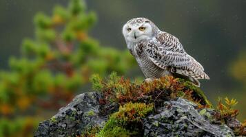 Snowy owl perched on a moss-covered rock amidst vibrant greenery and soft rain in the background photo
