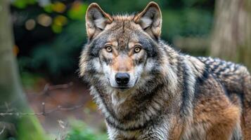 Majestic wolf gazing intently in a lush forest, surrounded by vibrant greenery and soft light photo