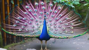 Vibrant peacock displaying its colorful feathers in a lush garden setting with greenery photo