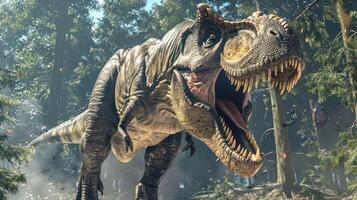 A roaring dinosaur in a lush forest, surrounded by vibrant foliage and scattered debris, creating a dynamic scene photo