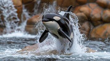 A playful orca leaps from the water, creating splashes near a rocky backdrop at a marine park photo