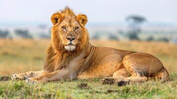 Majestic lion resting on grassy savannah, with distant trees and open landscape in background photo