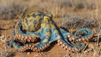 Colorful octopus resting on sandy terrain with sparse vegetation in the background photo