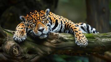 A resting jaguar lounging on a tree branch in a lush, vibrant jungle setting photo
