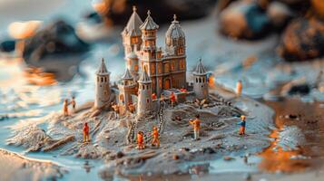 A miniature castle surrounded by water with tiny figures engaging in various activities. photo