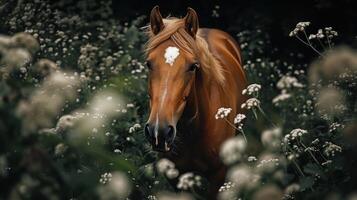 Majestic horse standing amidst lush green foliage and wildflowers in a serene natural setting photo
