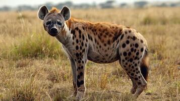 A hyena stands alert in an open savanna, with tall grass and distant trees under a clear sky photo
