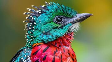 Vibrant close-up of a colorful bird showcasing intricate feather patterns against a blurred background photo