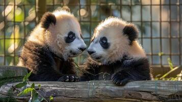 Two adorable panda cubs playfully interact on a log in a serene zoo environment photo
