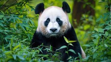 Close-up of a panda sitting amidst lush green foliage, showcasing its curious expression in nature photo