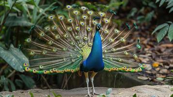 Vibrant peacock displaying its colorful feathers in a lush garden setting photo