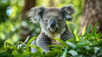 Close-up of a koala resting among lush green foliage in a serene forest setting photo
