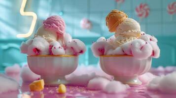 Two bowls of colorful ice cream surrounded by fluffy cotton candy on a vibrant surface. photo