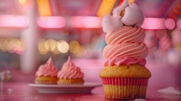 A whimsical display of cupcakes with pink frosting and cotton candy in a vibrant setting. photo